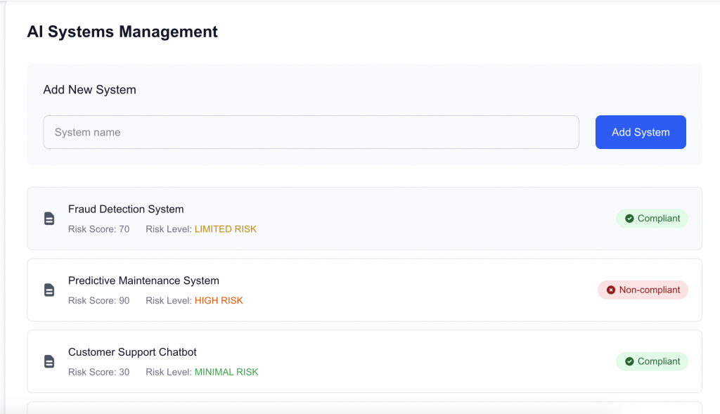 View your AI systems compliance status in eyreACT dashboard
